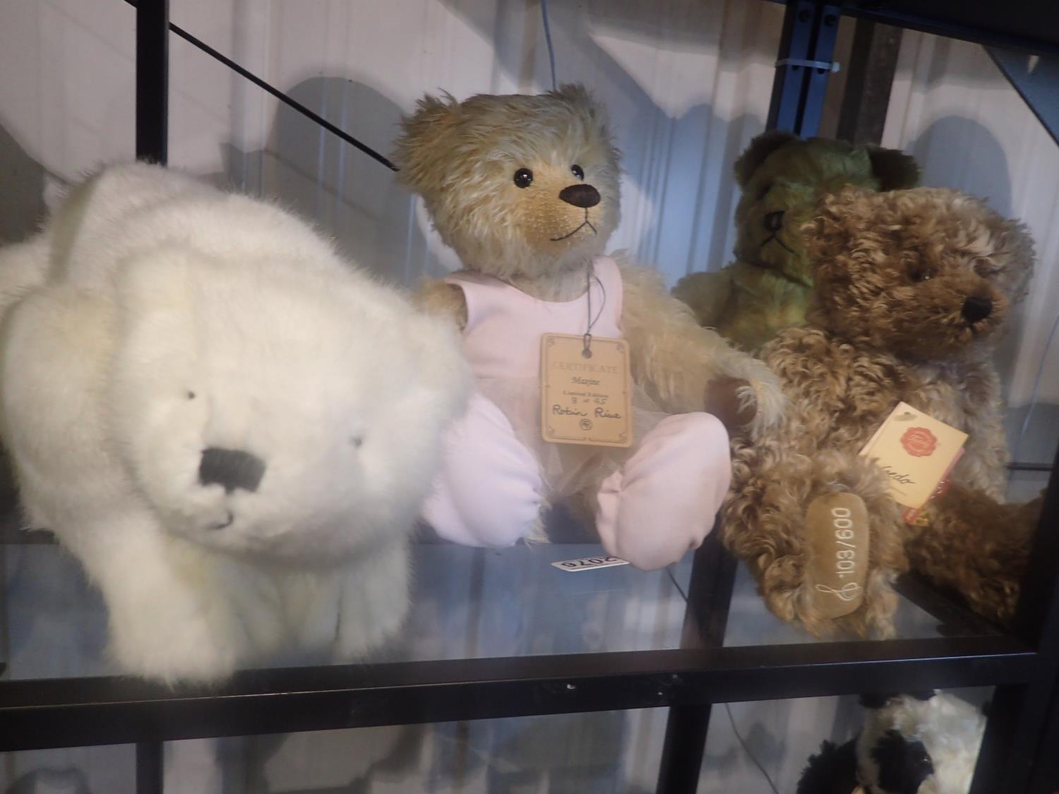 Four mixed teddy bears, including Credo by Hermann and Maxine by Robin Rive. UK P&P Group 2 (£20+VAT