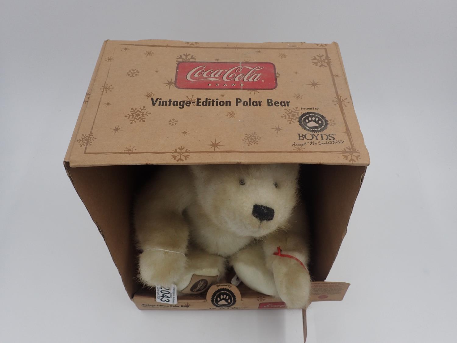 Boyds Coca-Cola Polar Bear, boxed with tag attached, stitch down nose and jointed at limbs. - Image 3 of 4