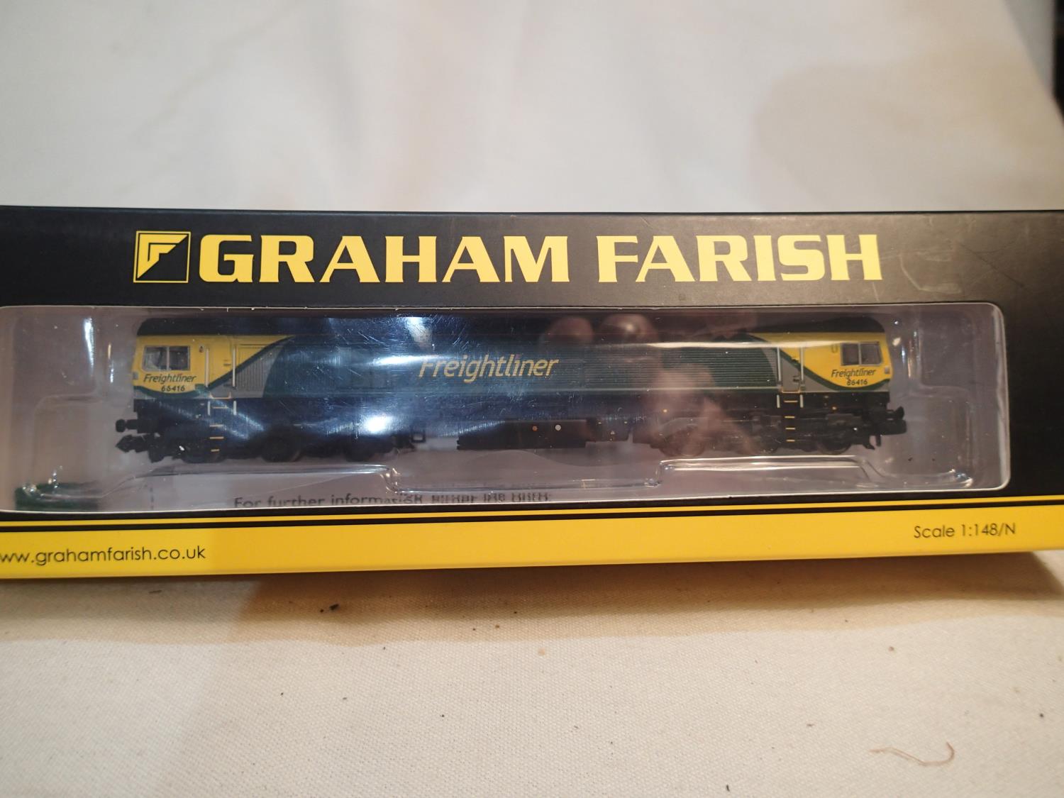 N gauge Graham Farish 371-386, class 66 diesel, 66416, Freightliner, near mint condition, boxed.