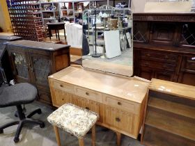 Oak dressing table with mirror and upholstered stool, 148 x 105 cm. Not available for in-house P&P