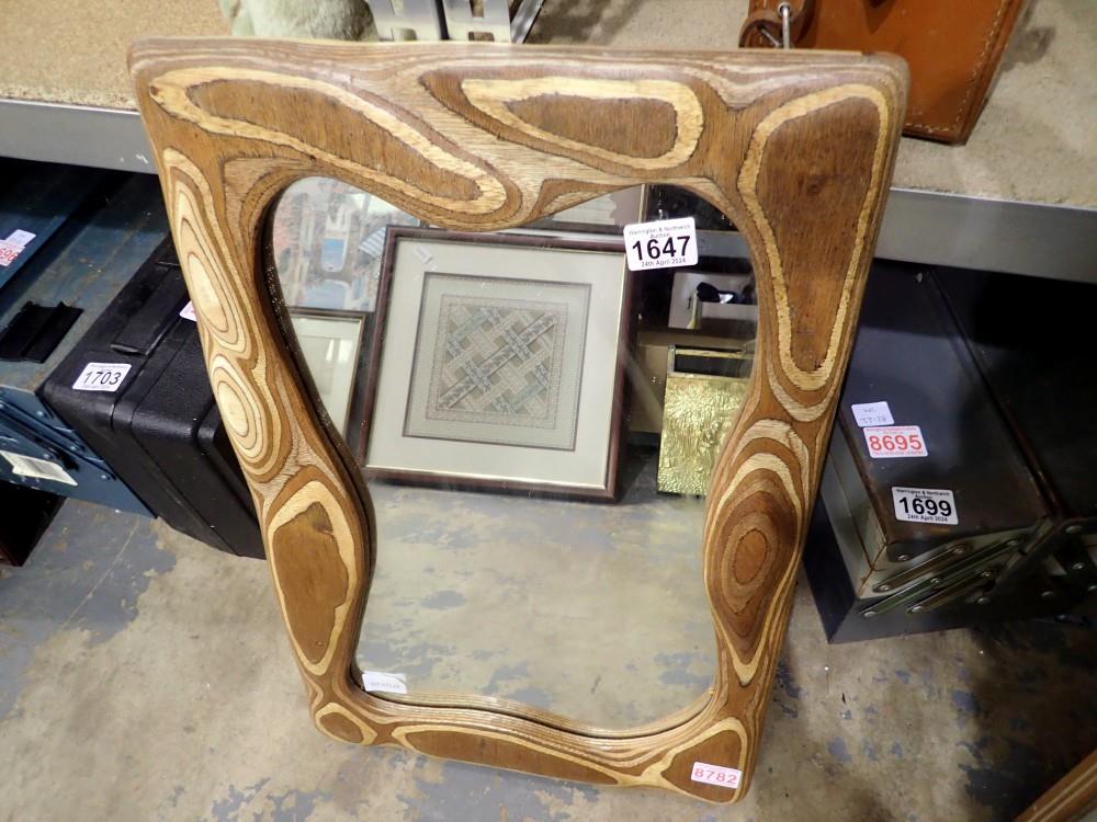 Shaped wooden mirror, 50 x 35 cm. Not available for in-house P&P