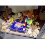Shelf of bears/plush toys including a mini Furby. Not available for in-house P&P