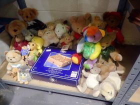 Shelf of bears/plush toys including a mini Furby. Not available for in-house P&P