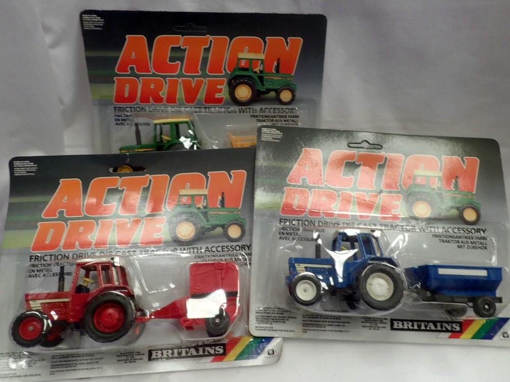 Britains Action Drive 3 carded diecast models by Britains, appearing in excellent condition on VG