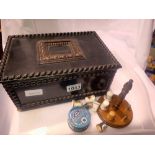 Jewellery box containing thimbles and tin. Not available for in-house P&P