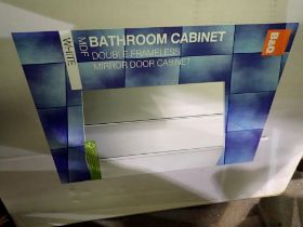 B&Q white bathroom mirrored two door cabinet, flat packed and factory sealed. Not available for in-