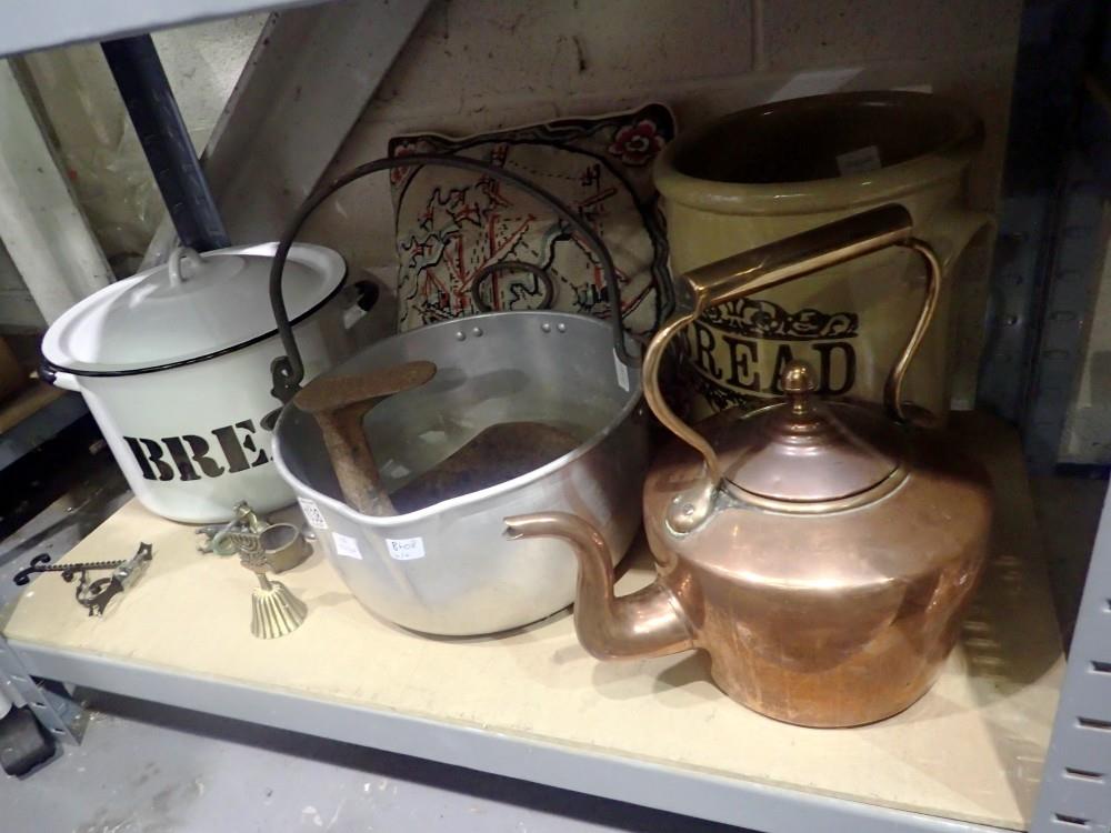 Shelf of two large bread bins, ceramics and metals. Not available for in-house P&P