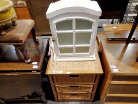 Wicker drawers and storage cabinet and a glazed cupboard, H: 50 cm, L: 62 cm. Not available for in-