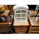 Wicker drawers and storage cabinet and a glazed cupboard, H: 50 cm, L: 62 cm. Not available for in-