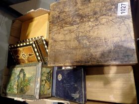 Tray of wooden and metal boxes including a vintage slide box. Not available for in-house P&P