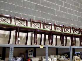 Set of eight mahogany cross stick, upholstered dining chairs. Not available for in-house P&P
