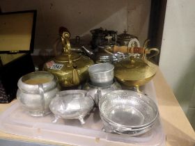 Tray of mixed metal ware to include Pewter, brass and EPNS. Not available for in-house P&P