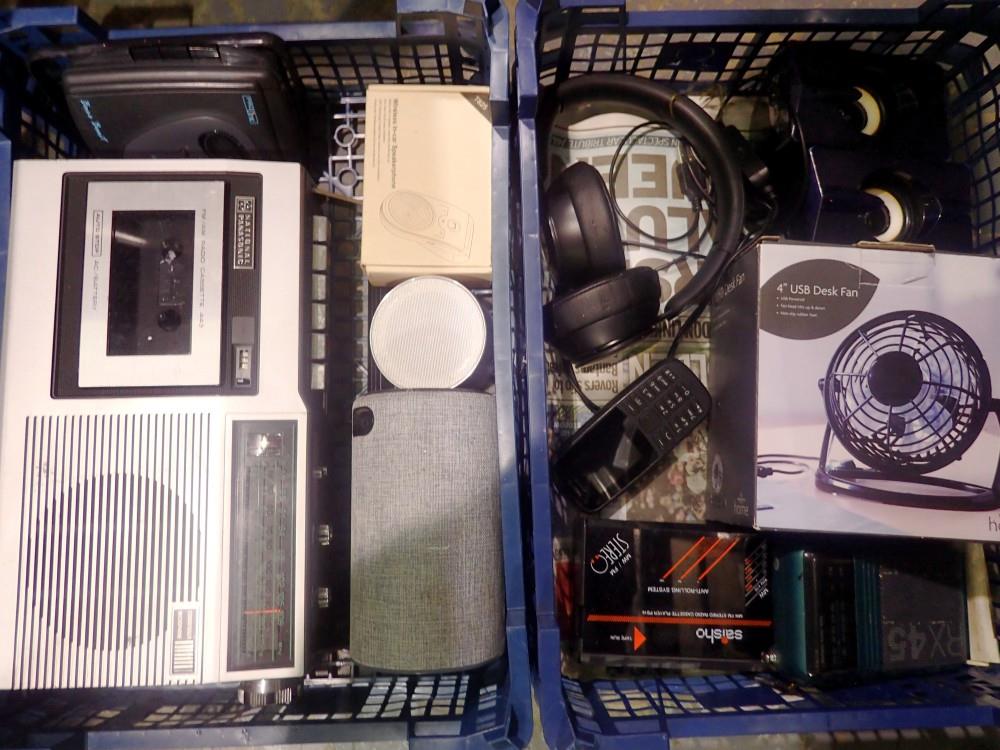 Two trays of audio equipment including Toshiba radio cassette player, headphones and speakers. Not