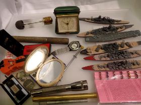 Tray of collectables including a clock, lenses and ships. UK P&P Group 2 (£20+VAT for the first