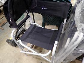 Two folding metal and canvas camping chairs with side tray. Not available for in-house P&P