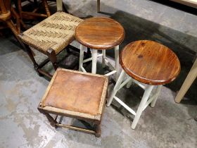 Four stools to include strung woven foot stool. Not available for in-house P&P