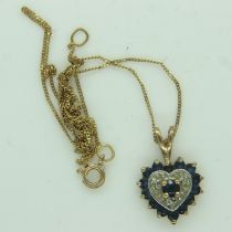 **** WITHDRAWN ****9ct gold sapphire and diamond set heart-shaped pendant on a 9ct gold chain (chain