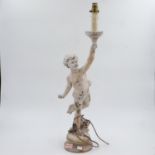 Ceramics cupid lamp on alabaster socle base, H: 77 cm. Not available for in-house P&P