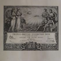 Silver medal diploma poster for 1908, framed British exposition, 55 x 47 cm. UK P&P Group 2 (£20+VAT