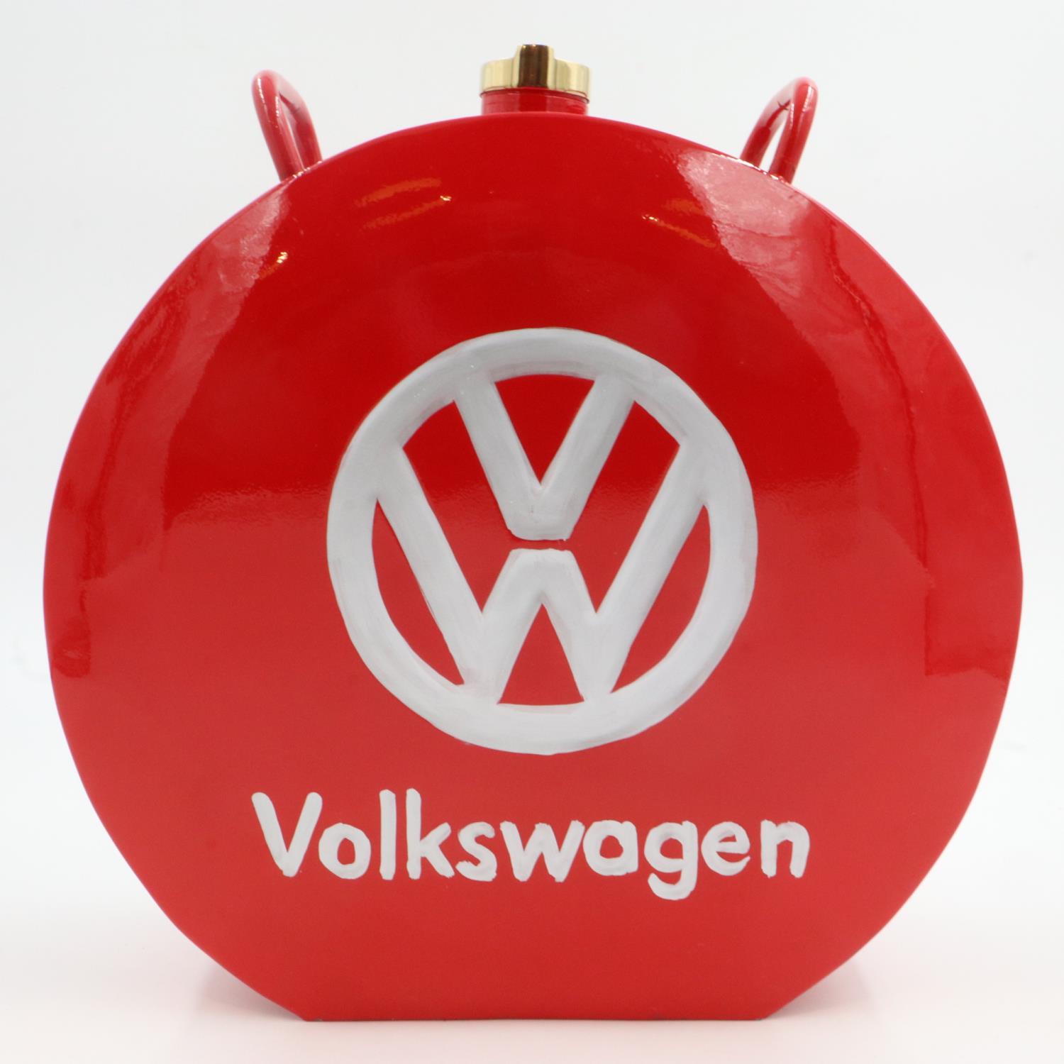 Red Volkswagen petrol can with brass cap, H: 34 cm. UK P&P Group 3 (£30+VAT for the first lot and £