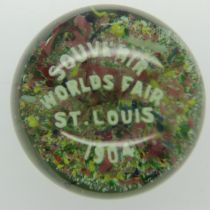 Circular glass paperweight for the St Louis Worlds fair 1904. Wear to base, some scratches to top,