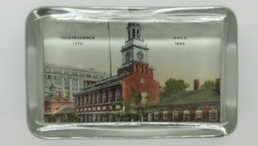 Rectangular glass paperweight for the 1926 Sesqui-Centennial exposition featuring the Independence
