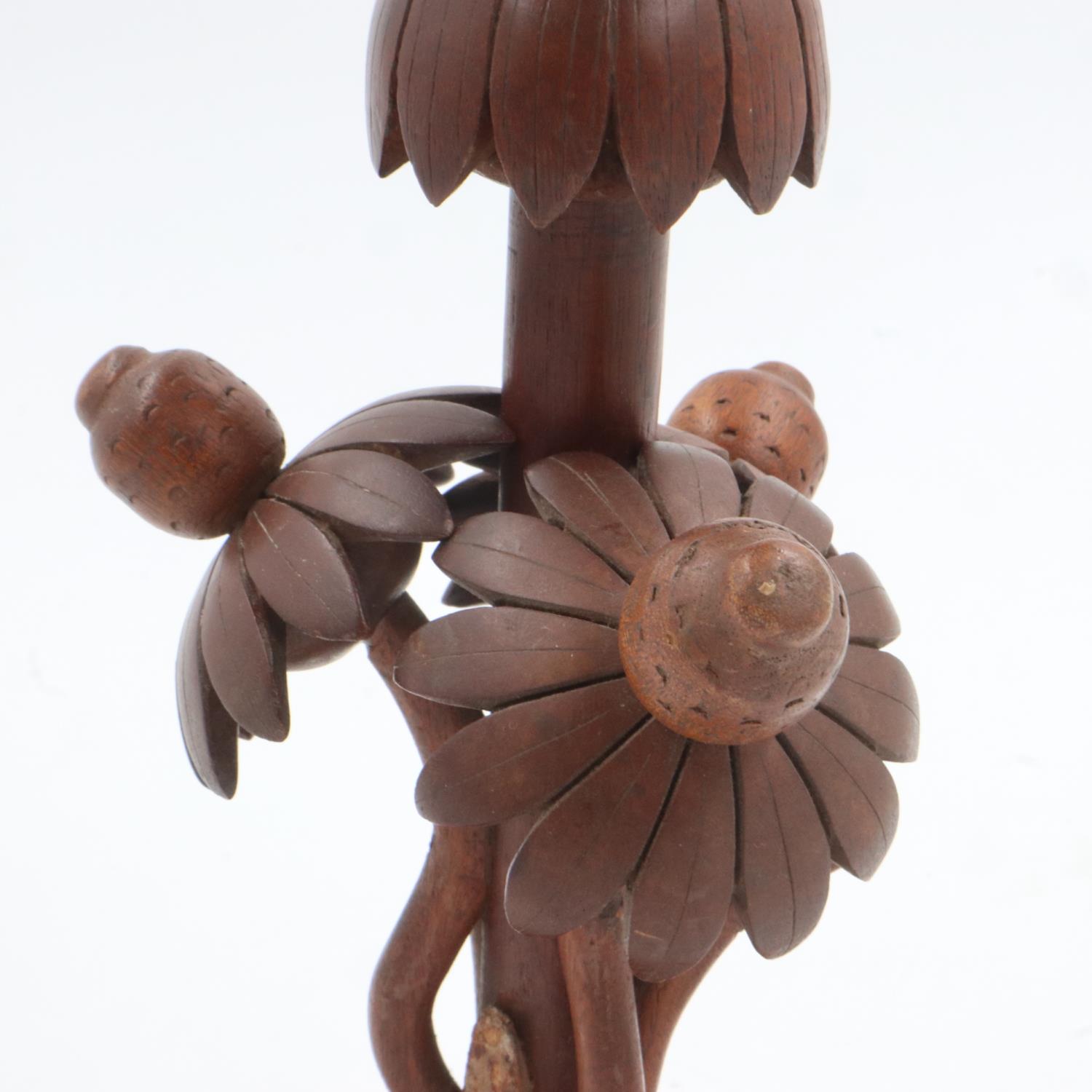 Far Eastern carved wooden lamp with opening bud, H: 45 cm. Not available for in-house P&P - Image 2 of 3