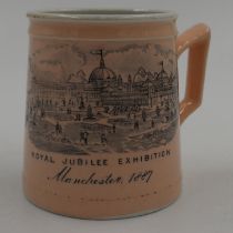 Ceramic mug for the Royal Jubilee Exhibition Manchester 1889. UK P&P Group 2 (£20+VAT for the