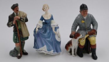 Three Royal Doulton figurines: The Huntsman, The Scotsman and Hilary, no chips or cracks. UK P&P
