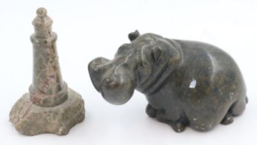 Large figurine of a hippopotamus with another granite lighthouse, largest L: 18 cm. UK P&P Group