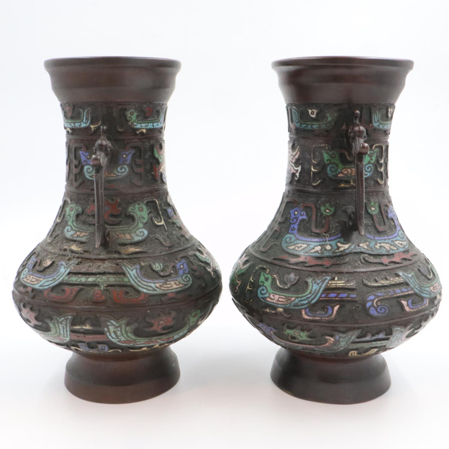 Two bronze enamelled vases, H: 31 cm. Not available for in-house P&P - Image 2 of 3