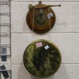 Brass gong on oak mounts on strung hanger with hammer. D: 25 cm. UK P&P Group 2 (£20+VAT for the