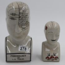 Two ceramic phrenology heads, largest H: 14 cm, no chips or cracks. UK P&P Group 3 (£30+VAT for