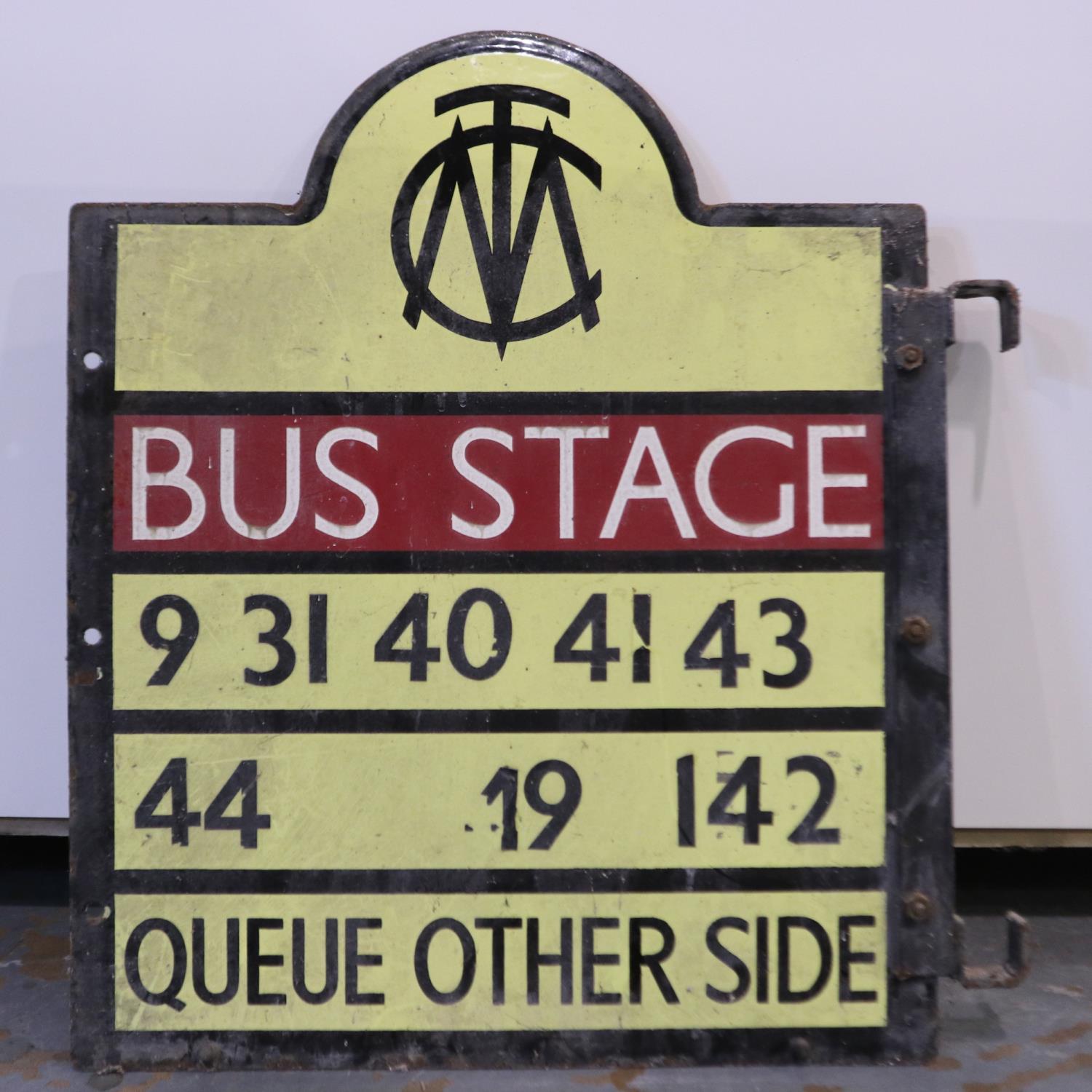Manchester corporation transport bus stop sign, 9,31, 40 and 41 main stop numbers, H: 58 cm. Not