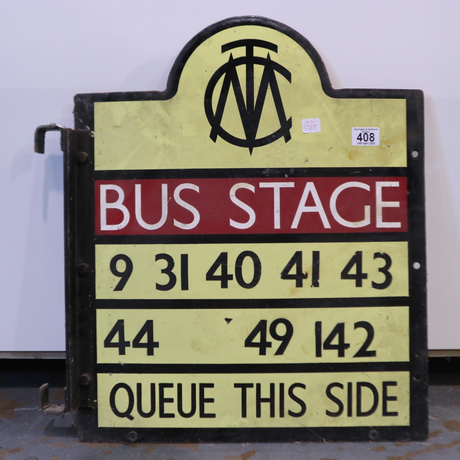 Manchester corporation transport bus stop sign, 9,31, 40 and 41 main stop numbers, H: 58 cm. Not - Image 2 of 2