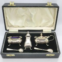 ***WITHDRAWN*** Hallmarked silver three piece cruet set by Elkington, within a fitted case, total