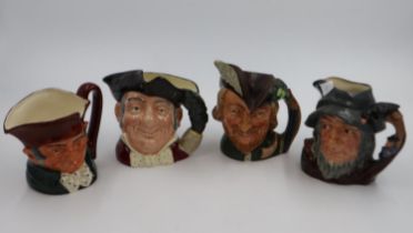 Four Royal Doulton character jugs largest H: 20 cm, two with repairs and cracks on rims. Not