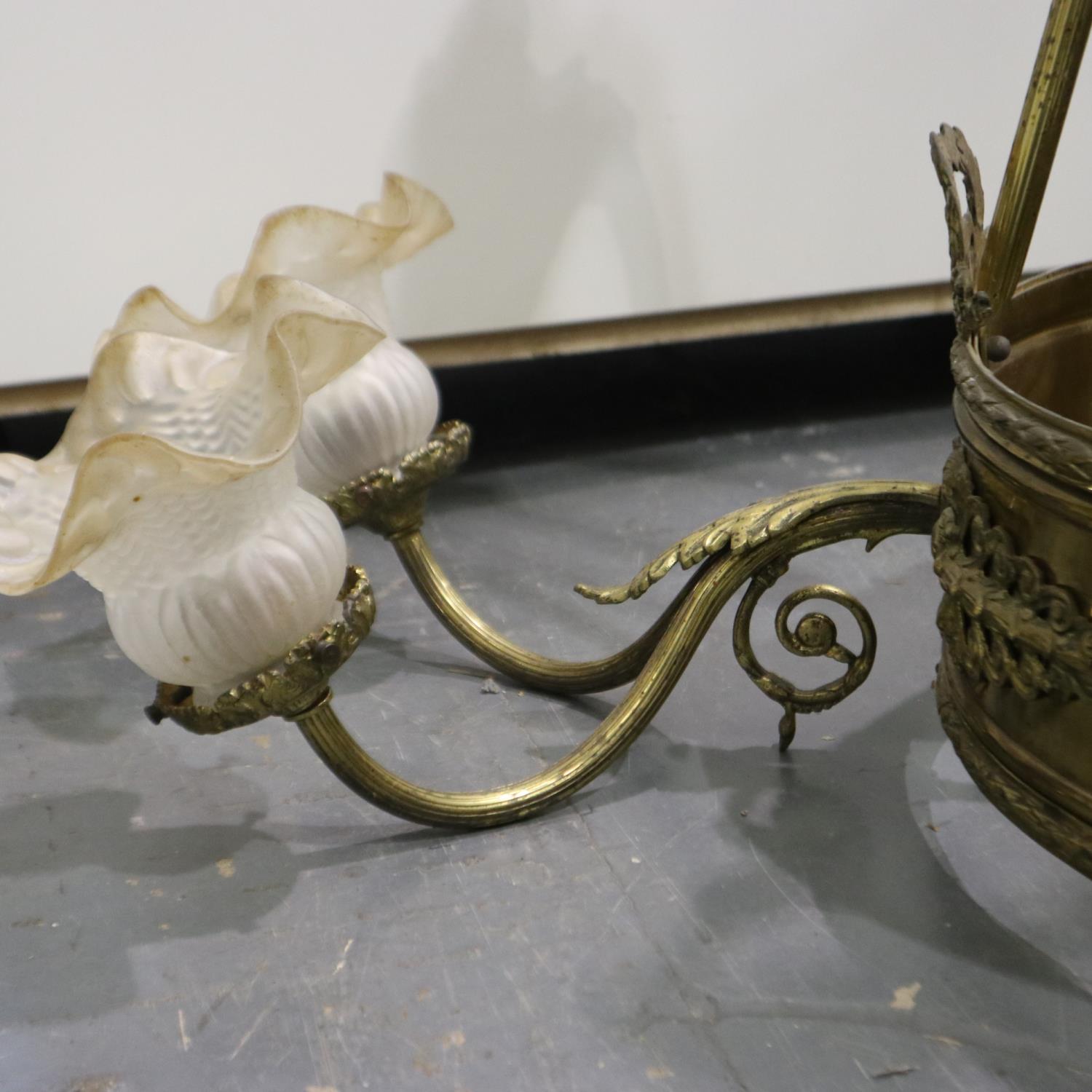 Brass light fitting with shades and rose. H: 87cm. No damage to shades but dirty, unsure if anything - Image 2 of 12