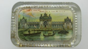 Rectangular glass paperweight of the Prince of Lisbon Arts, world fair St Louis. UK P&P Group 1 (£