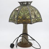 Metal art nouveau lamp with glass shade lacking connection, D: 36 cm. One pane repaired to