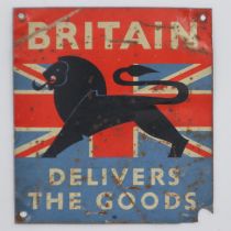 Square Britain Delivers the Goods tin plaque, 1924 exposition, L: 90 mm. UK P&P Group 1 (£16+VAT for