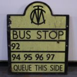 Manchester corporation transport bus stop sign, 92 main stop number, H: 58 cm. Not available for