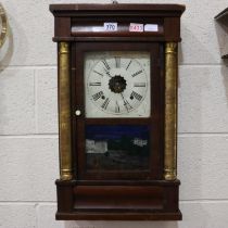 19th Century American wall clock with square enamelled dial and a gilt mahogany case, H: 63 cm.