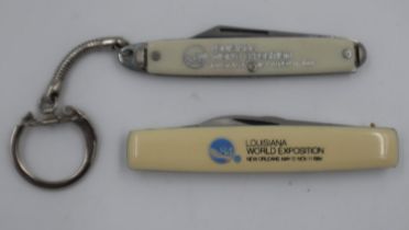 Two folding penknives for the 1964 Louisiana World Fair exposition. UK P&P Group 1 (£16+VAT for