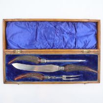**** WITHDRAWN ****Scottish carving knife boxed set with antler handles, box L: 44 cm. UK P&P