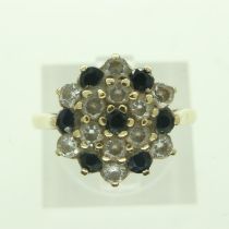 9ct gold cluster ring set with sapphire and cubic zirconia, size N, 2.6g. UK P&P Group 0 (£6+VAT for