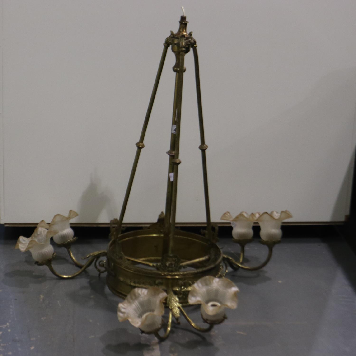 Brass light fitting with shades and rose. H: 87cm. No damage to shades but dirty, unsure if anything