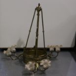 Brass light fitting with shades and rose. H: 87cm. No damage to shades but dirty, unsure if anything