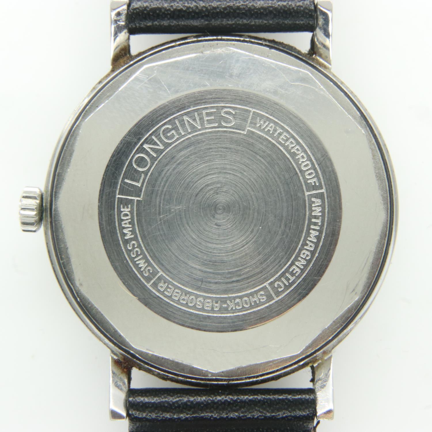 LONGINES: gents automatic wristwatch with silvered dial and date aperture on a black leather - Image 2 of 2