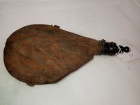 Leather Spanish wine bladder with stopper, L: 26 cm. UK P&P Group 2 (£20+VAT for the first lot